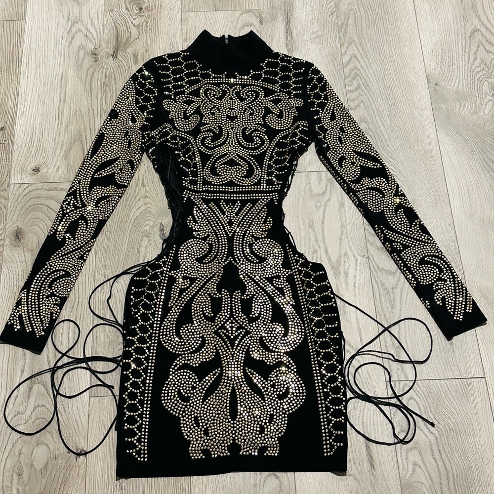 Fashion Nova Dynasty Black with Gold Studded mini dress Size S